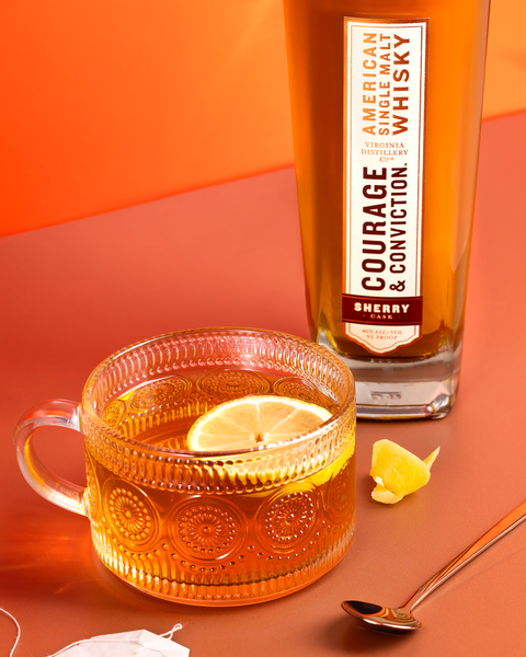 Chamomile toddy cocktail, featuring courage & conviction Sherry cask American single malt whisky