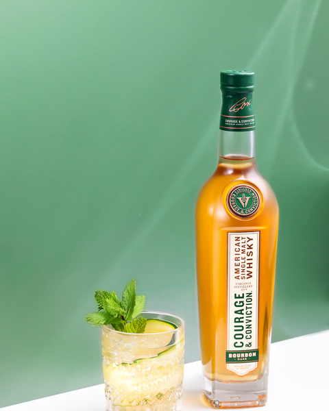 Cool as a cucumber cocktail, featuring courage & conviction bourbon cask American single malt whisky